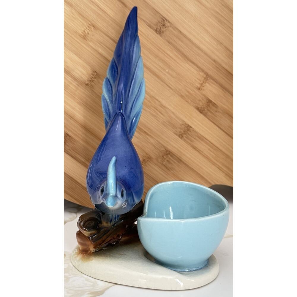 Vintage Long Tail Blue Bird Figurine With Planter Stoneware Flower Pot 11x6”